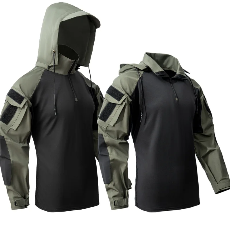 GREEN Combat T-Shirt Hooded Men Tactical Shirt Airsoft Paintball Fishing Shirts Wear-resisting Tops Multi Pocket Hunting Clothes
