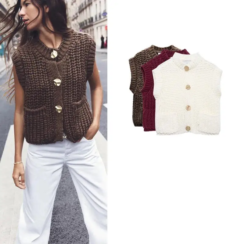 

Spring New Design Knitted Vest Women's Faion round Ne Svel Thi Needle Knitwear Versatile Sle Polyester Fiber