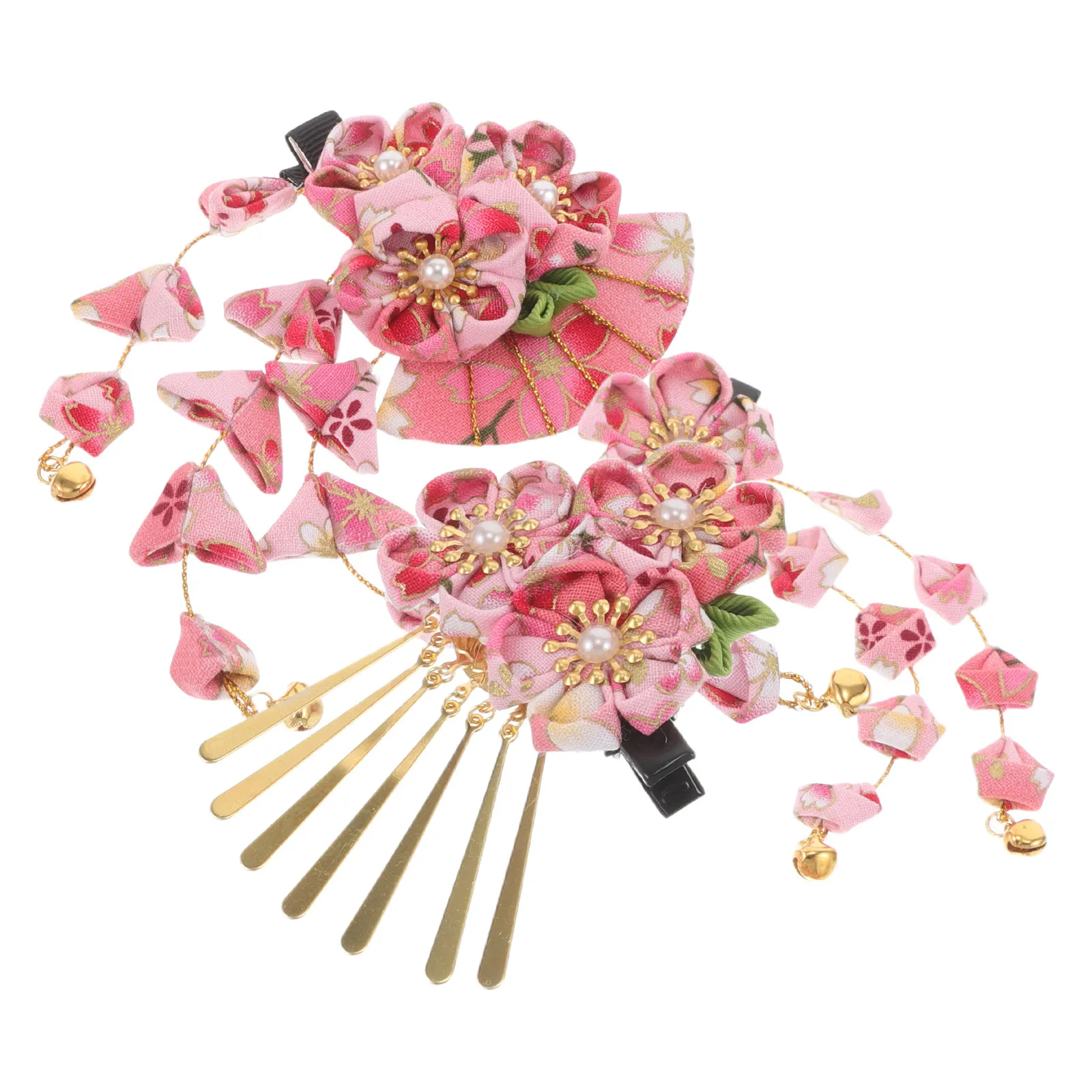 3Pcs Pink Flower Tassel Hairpins Set Japanese Kimono Hair Accessories for Women Traditional Asian Dress Cosplay Geisha Style
