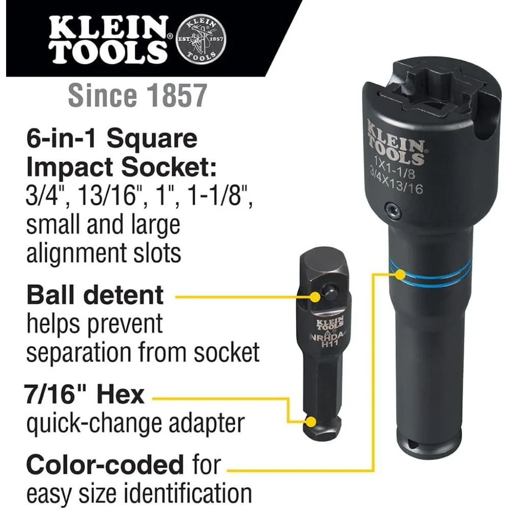 Impact Socket Set, 6-in-1 SAE Socket Wrench, 4 Point Sockets: 3/4, 13/16, 1, 1-1/8-Inch Sockets and Small