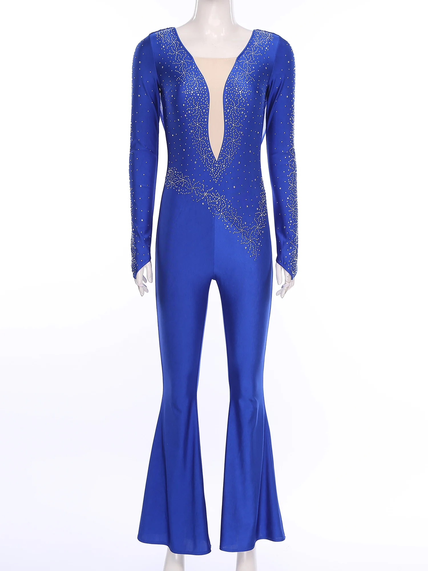 

Women Rhinestone Latin Gymnastics Dance Performance Rompers Long Sleeve Mesh Overlay Long Pants Jumpsuit Cha-cha Dancewear
