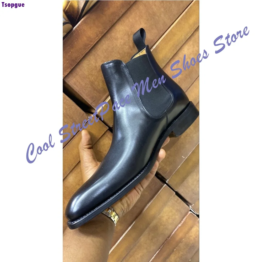 Black Leather Men Chelsea Boots Pointed Toe Elastic Slip On Vintage Formal Dress Ankle Booties For Wedding Office Footwear