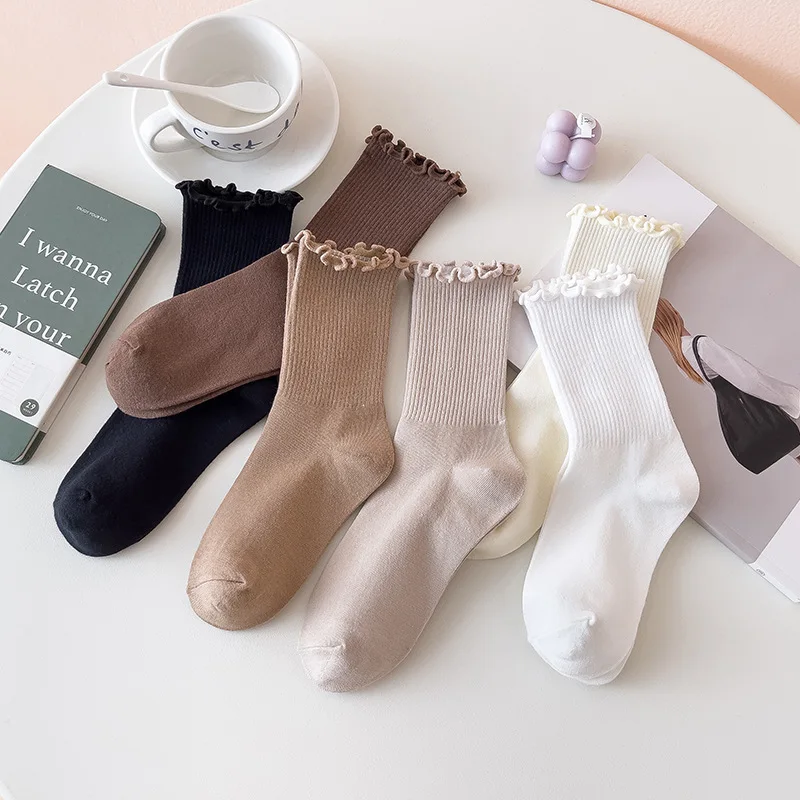 

Retro Fashion Women Ruffled Socks Trendy Striped Middle Tube Socks 6 Solid Colors Black Coffee Khaki Beige White Long Pile Socks