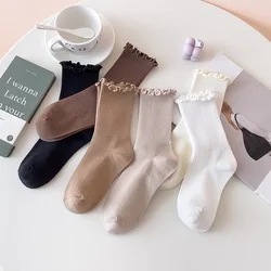 Retro Fashion Women Ruffled Socks Trendy Striped Middle Tube Socks 6 Solid Colors Black Coffee Khaki Beige White Long Pile Socks