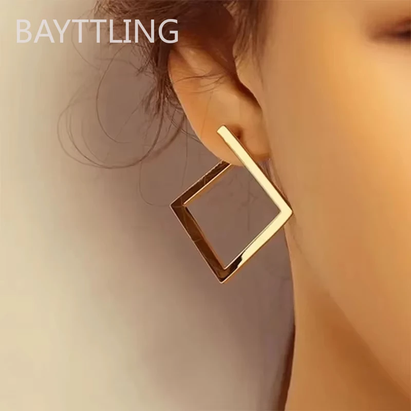 925 Silver Retro Square Geometric Earrings for Women Minimalist Irregular Metal Hoop Earrings Exaggerated Women's Jewelry