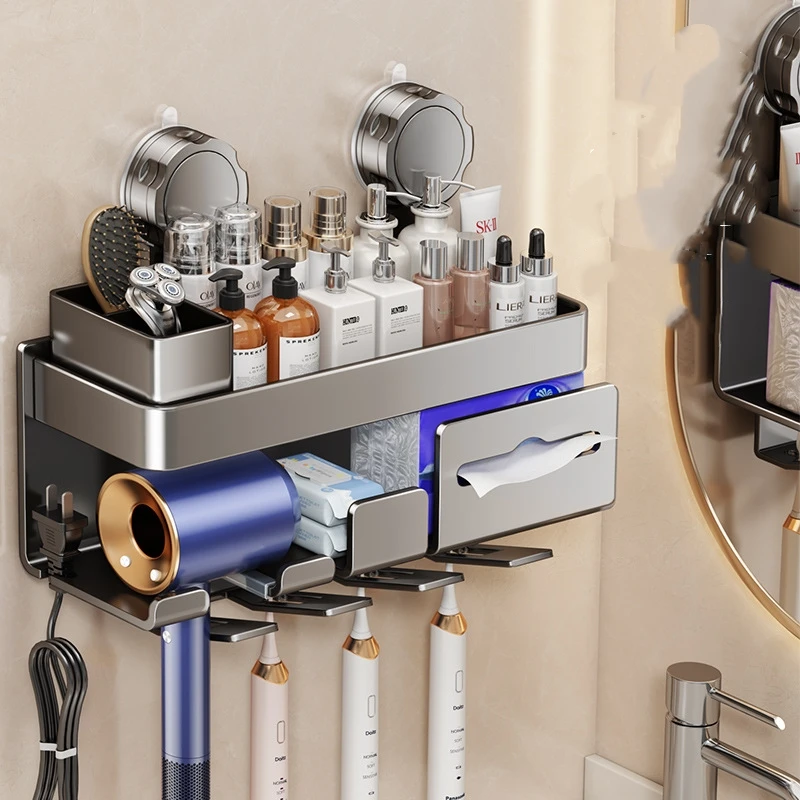 

Multi-functional Tissue Holder with Hair Dryer Holder Wall Mounted Dryer Organizer with Shelf Suction Cup Toilet Paper Holder