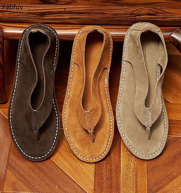 

Men Sandals Casual Men Flat Sandals Outdoor Beach flip-flop Shoes For Men Fashion Geunine Leather Flats Non Slip Ankle Wrap Shoe