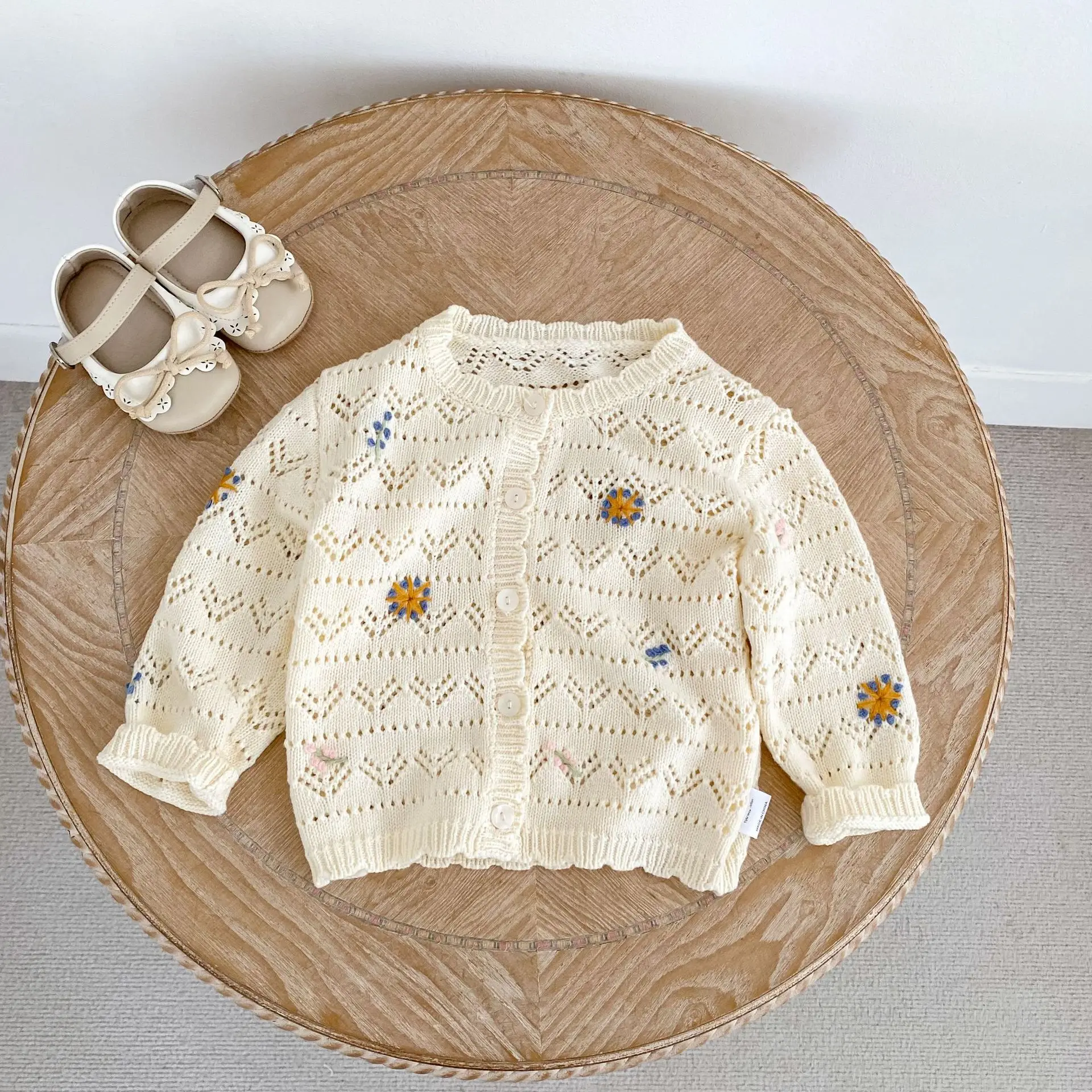 1-4T Baby Girls Floral Embroidery Knit Cardigan Hollow Out Round Neck Long Sleeve Sweater Toddler Kids Light Outerwear Coat