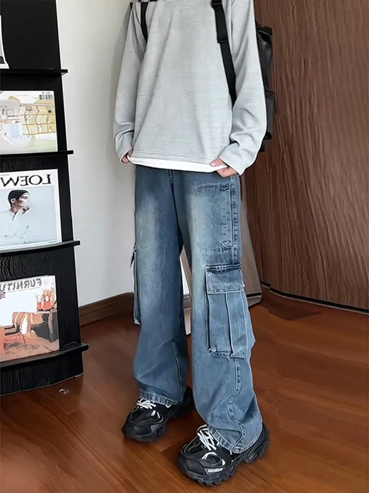 

Blue American Retro Workwear Jeans Men's Autumn Winter Wide Leg Straight ket Long Trousers Durable Cotton Polyester Blend