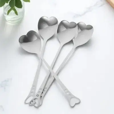 

4pcs Heart Shape Stainless Steel Spoons Stirring Dessert Coffee Cake Spoon Set Eco-Friendly Kitchen Tableware For Home
