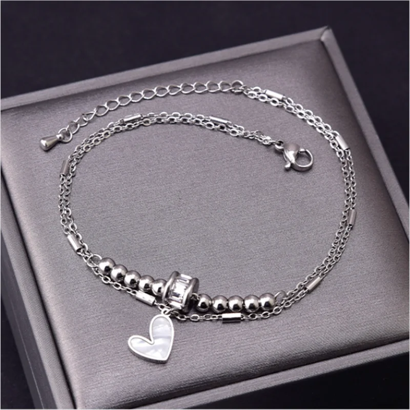 316L Stainless Steel New Fashion Jewelry 2-Layer Zircon Beaded Natural Shell Love Heart Charm Chain Anklet For Women Tobilleras