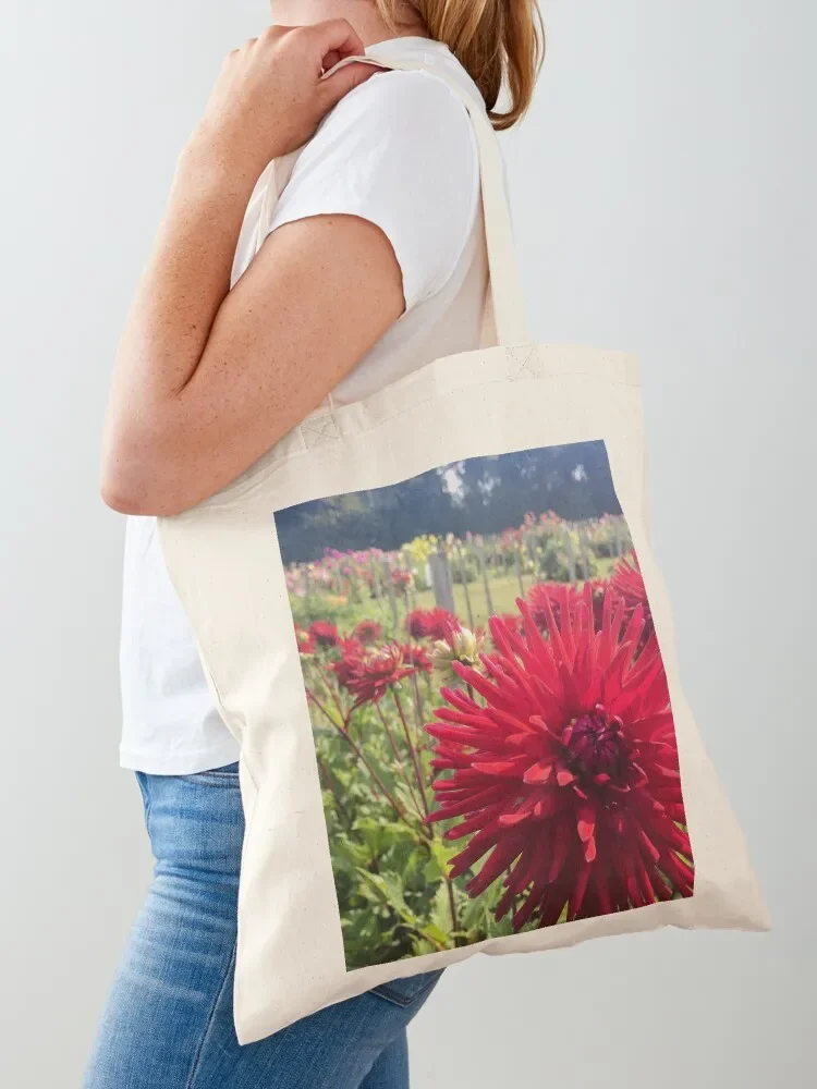 Crimson Red Cactus Dahlia Flowers Double Blooms 077 Tote Bag Fabric bag canvas bags Beach bag Big women