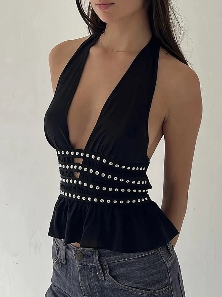 Sisterlinda Sexy Halter-Backless Tank Tops Frauen Low-Neck Niet Dekoration Rüschen Saum Heiße Mädchen High Street Wilden Stil kleidung