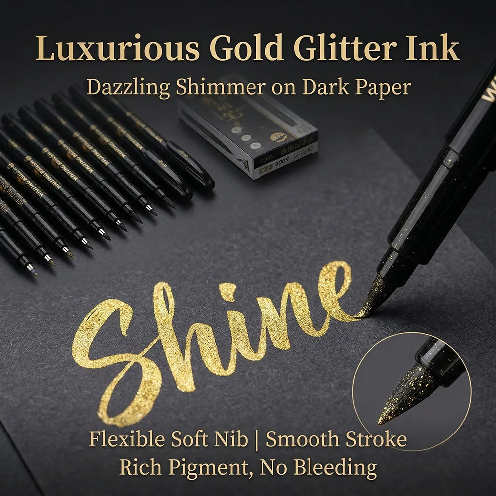 Black Gold Brush Pen – Soft Flexible Tip Calligraphy Marker for Hand Lettering, Journaling, Art Drawing, Signature & Manga Inkin