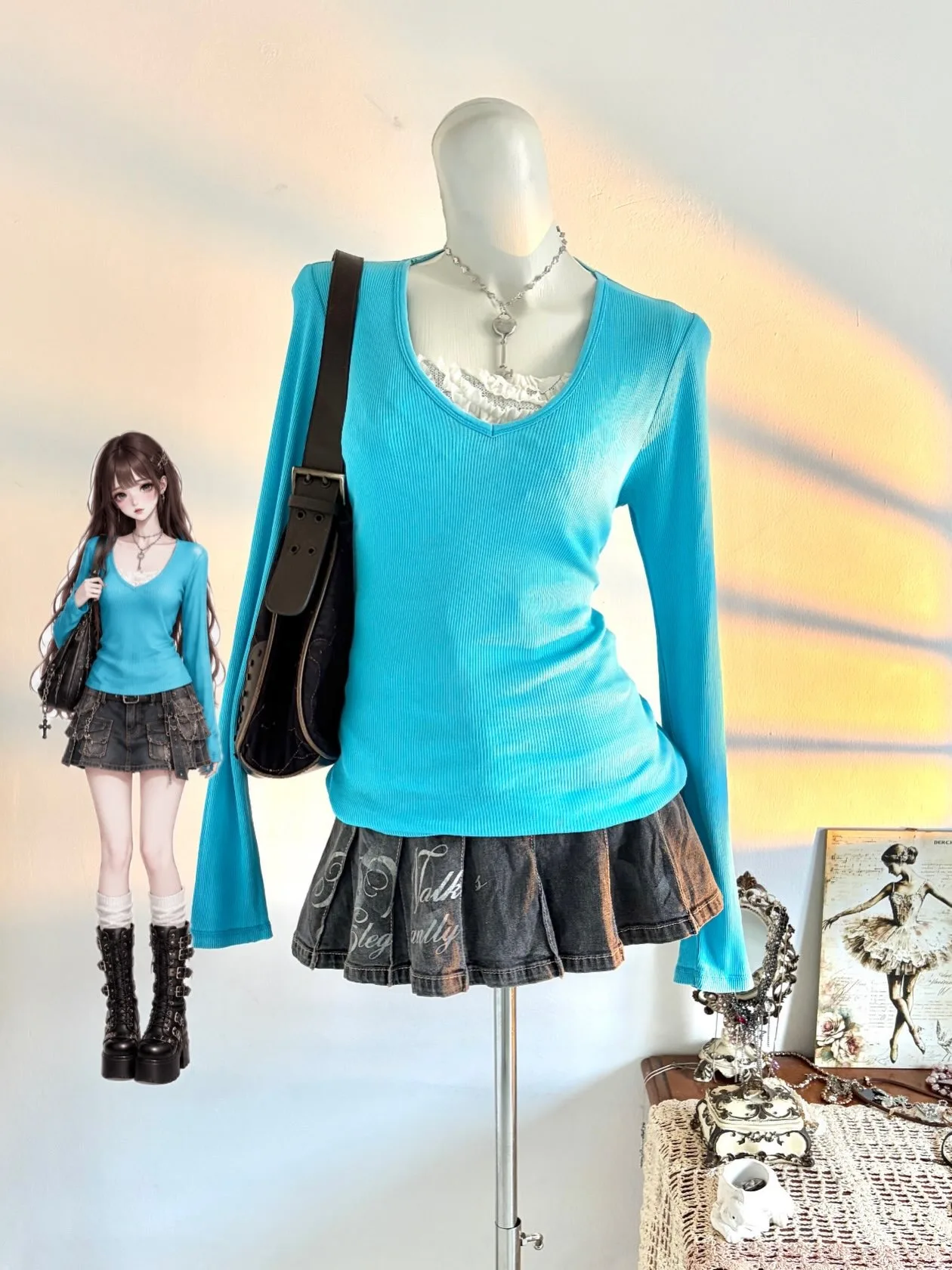 Y2K Blue Fake Two Piece Long Sleeve Top Women Deep V Neck Lace Inner Layer Ribbed Knit Slim Fitted Tee Coquette Aesthetic Retro