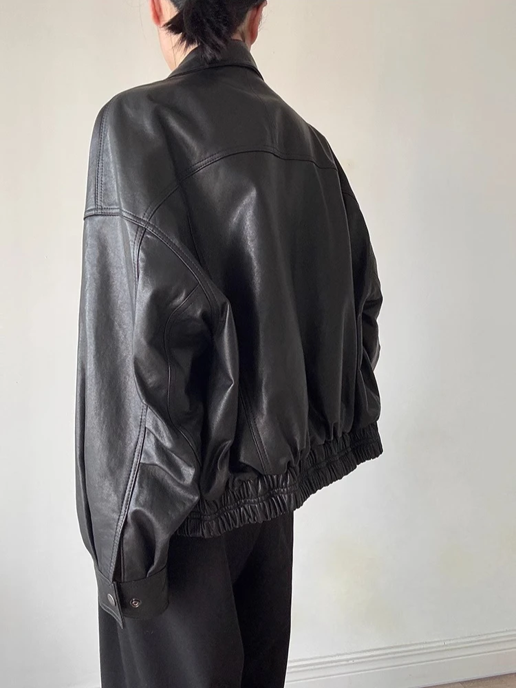 Vintage Genuine Leather Motorcycle Jacket for Women Spring Autumn 2025 New High-end Simple Solid Soft Real Sheepskin Bomber Coat