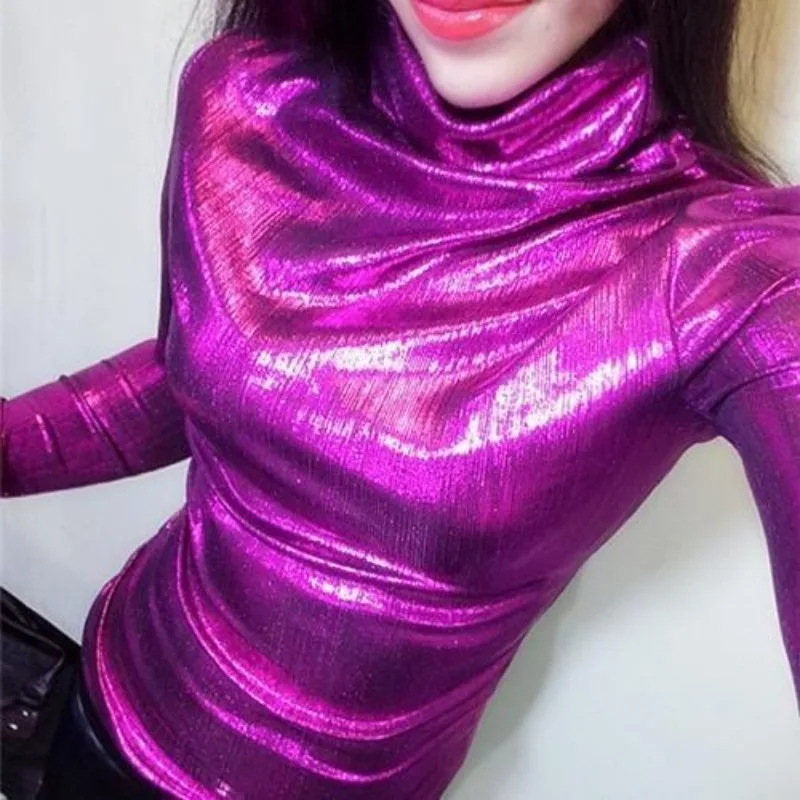 Top Women's High Neck Shiny Finish Long Sleeve T-Shirt Base Layer Slimming Comfortable Minimalist Casual Niche Versatile Premium
