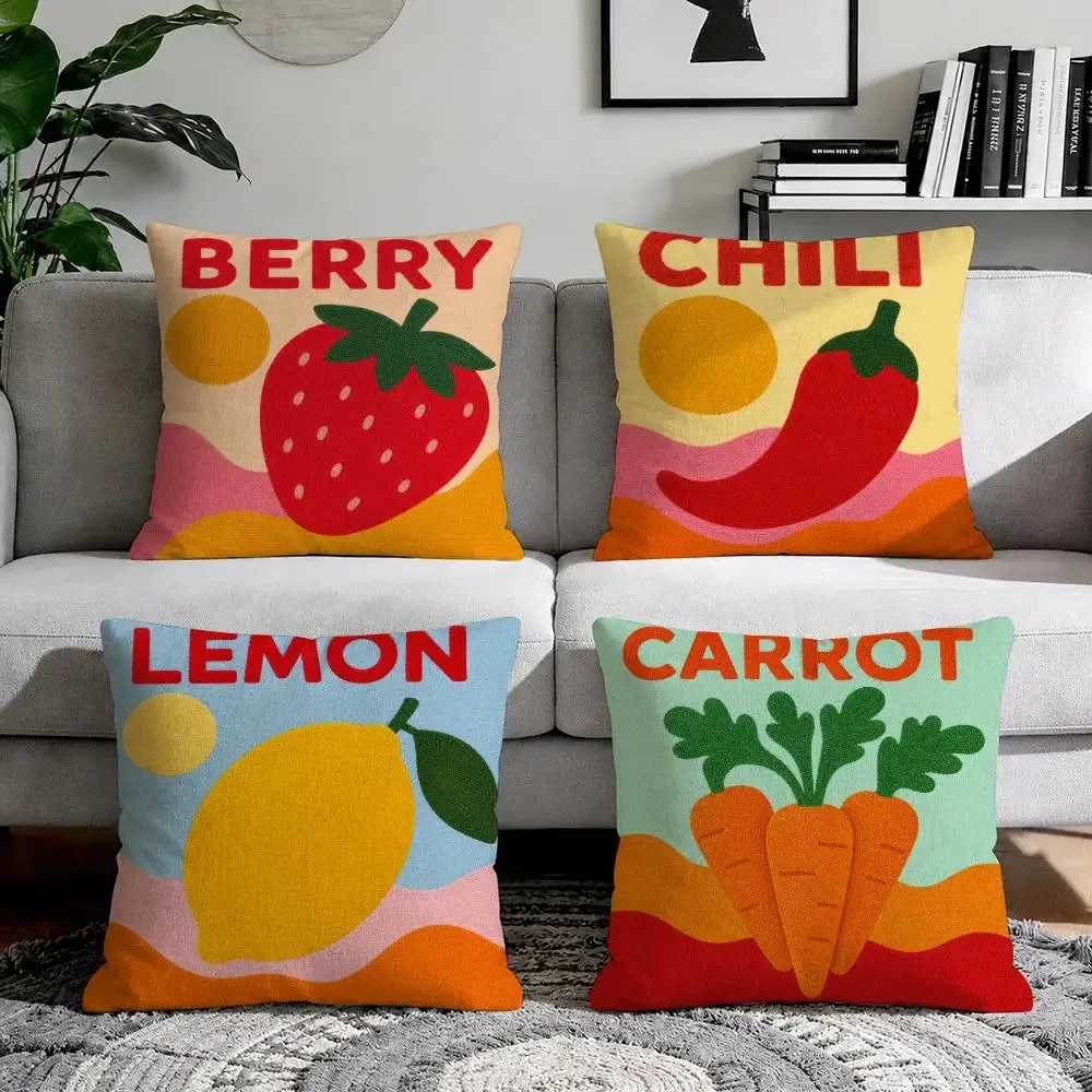 Retro fruit vegetable patterns Cushion Cover Natural Breathable Durable Linen Printed Decor Pillow Case Sofa Bedroom