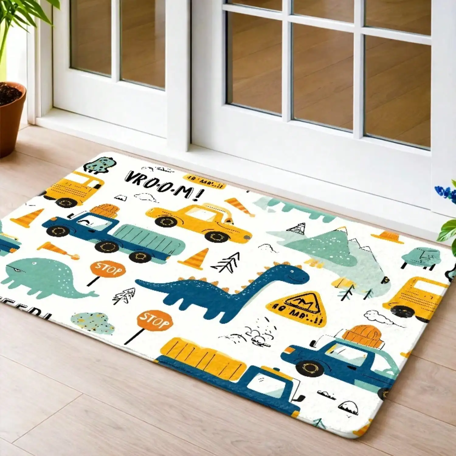 1pc, Kids' Fun Dinosaur Car Flannel Floor Mat, Non-Slip Rubber Backing Durable Washable Doormat, Universal Rug For Bedroom, Living Room, Kitchen, Bathroom