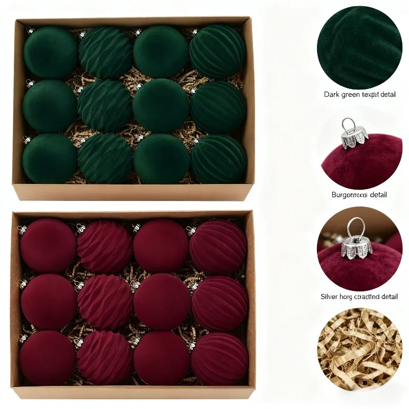 12-teiliges Samt-Weihnachtskugel-Ornament-Set, strukturierte Weihnachtskugeln, festliche Baumschmuck für die Urlaubsparty