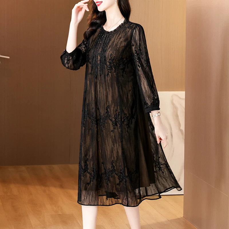 Summer Black Natural Silk Emboridery Hollow Out Sexy Dress Women Korean Vintage Hepburn Dress 2024 New Elegant Loose Midi Dress