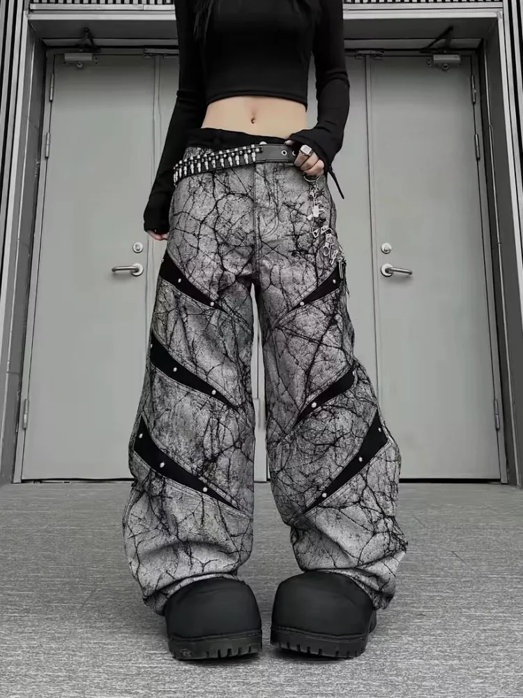 2026 Cyber Y2K Streetwear Contrast Color Black Baggy Women's Jeans Pants For Woman Clothing Wide Leg Loose Cotton Long Trousers