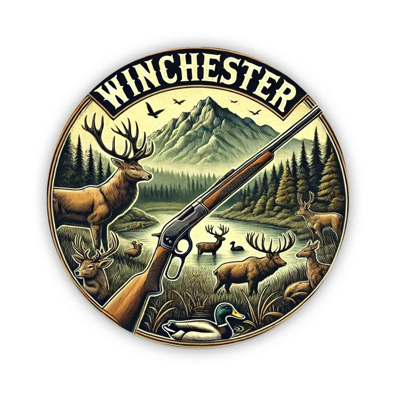 [علامة حائط مستوحاة من الطراز القديم] لافتة حائط مستديرة من الألومنيوم مستوحاة من وينشستر - مشهد صيد ريفي مع غزال وبطة