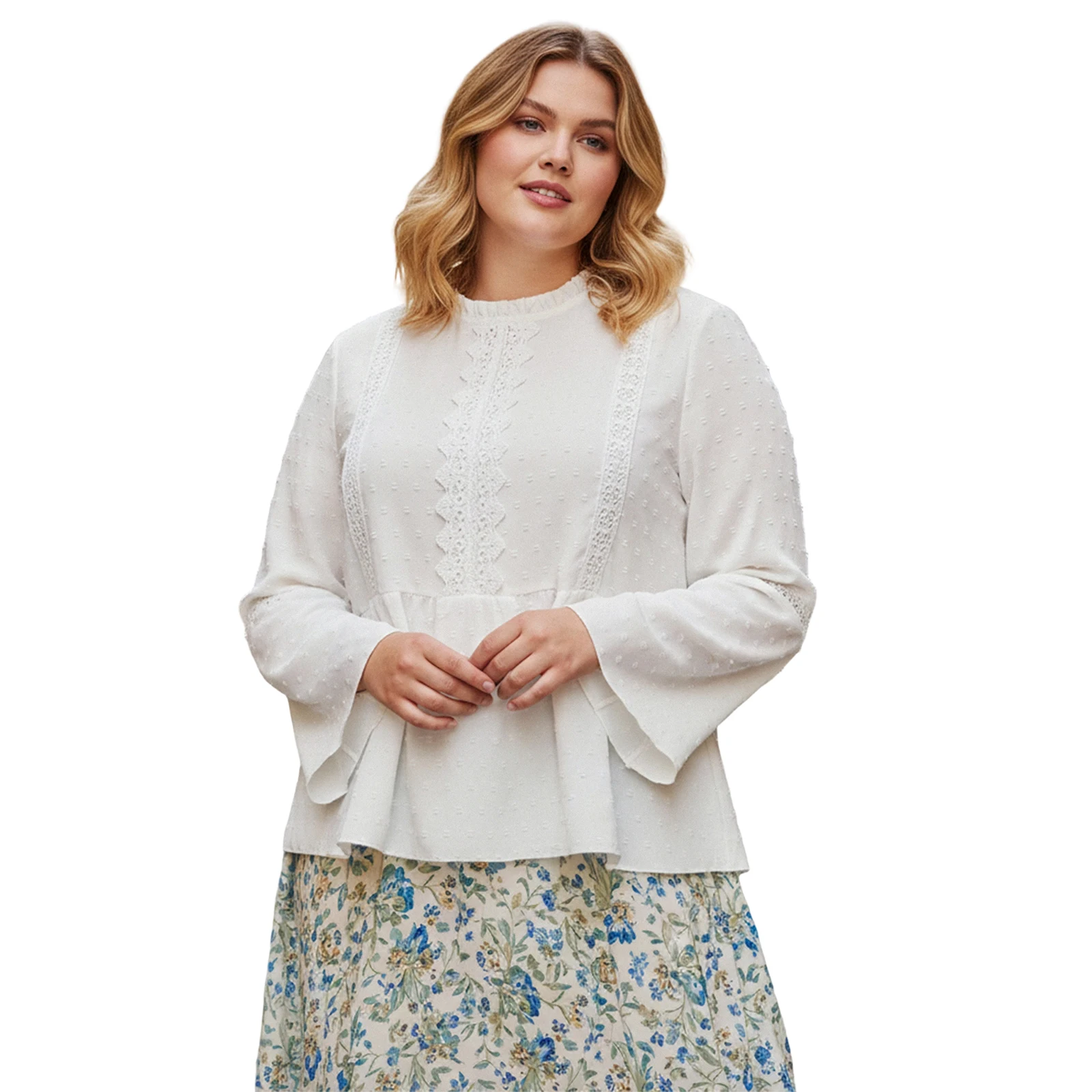 2026 ربيع مثير المرأة حجم كبير تي شيرت أنيق كم طويل طاقم الرقبة النقاط المرقعة السيدات الخريف سليم بلوزات بيضاء الشارع الشهير