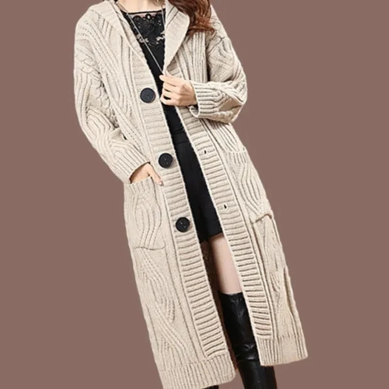 

2025 Autumn Winter New Hooded Knitted Cardigan Jacket Women's Overcoat Fashion Loose Mid-length Thicke Coarse Sweater Coat