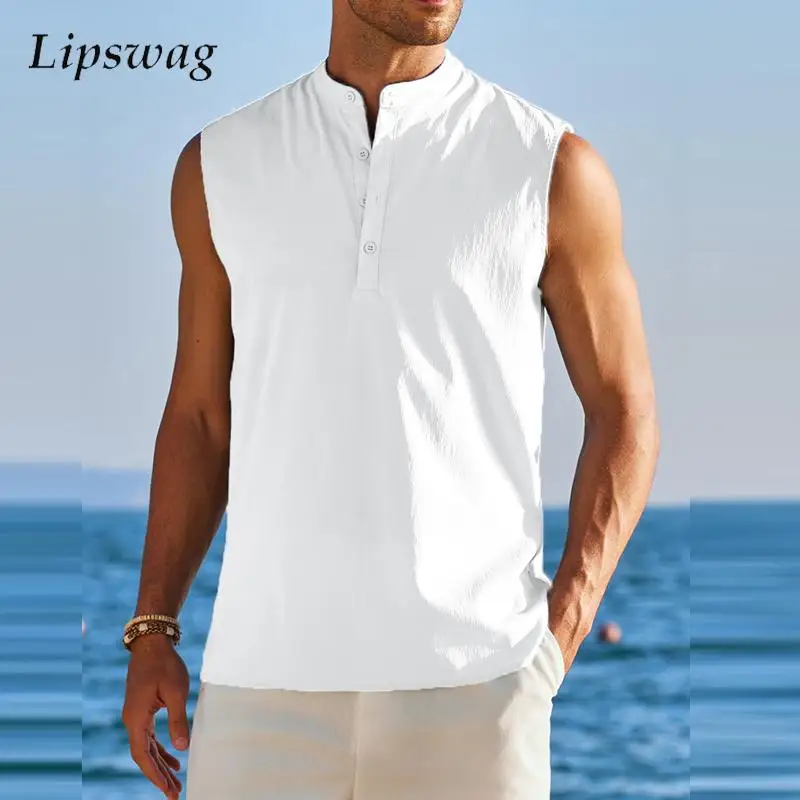 2024 Spring Summer Mens Casual Tank Tops Stand Collar Button Sleeveless Pullovers For Men Clothes Vintage Solid Color Loose Vest