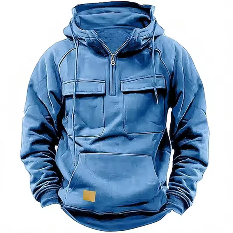 New autumn-winter men's hooded solid-color casual hoodie - fashionable young man's multi-pocket patch hoodie pullover shirt - Image 7