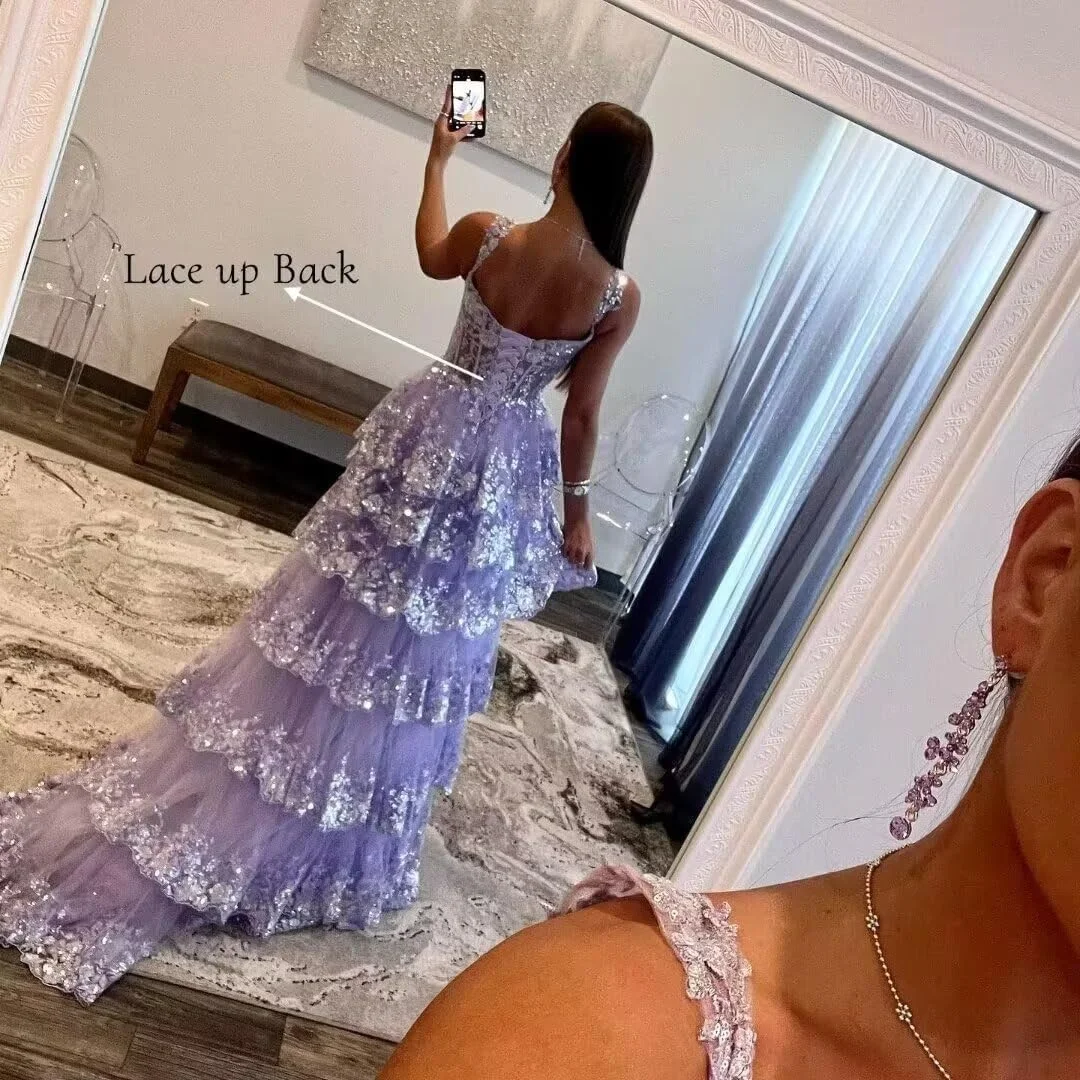 Exquisite Tiered Skirt Illusion Corset Prom Dresses With Floral Applique Sparkly Long Split Elegant Gowns For Women Customized image 5