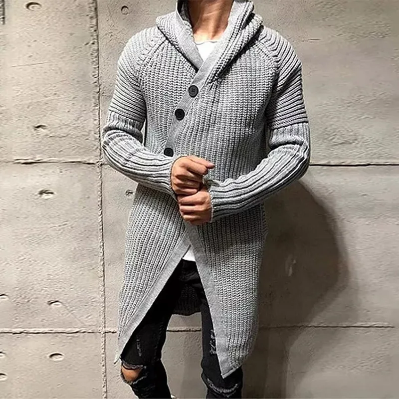 2023 New Men's Sweater Autumn/Winter Long Hooded Knitted Cardigan European and American Solid Color Sweater Coat