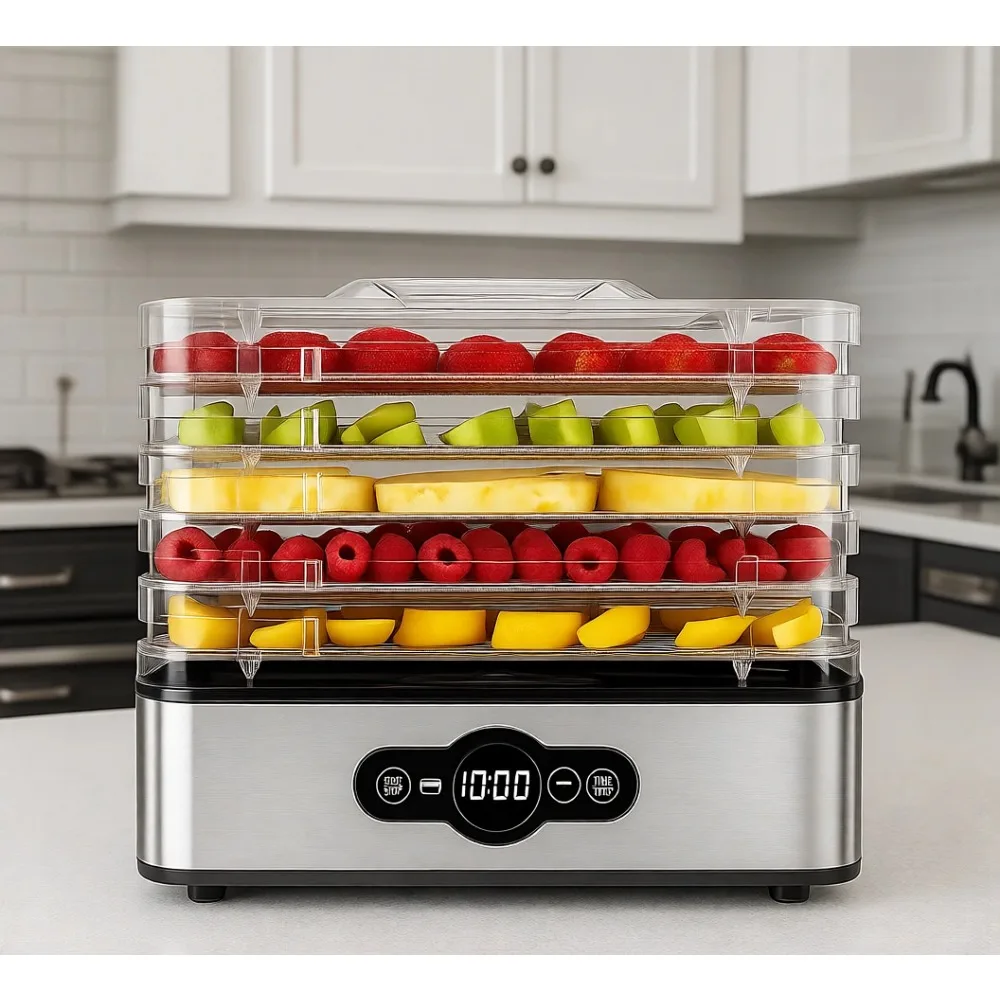 

Food Dehydrator with 5 Stainless Steel Trays 48H Timer Adjustable Temperature Control Up to 167 Degrees