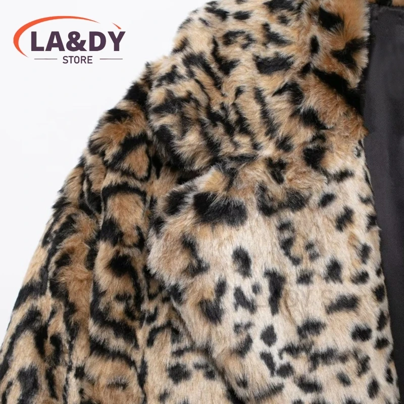 2024 New Winter Women Fashion Thickened Leopard Print Faux Fur Coat  Female Casual Long Sleeve Loose Coat Outerwears