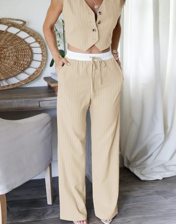 

New Hot Selling 2025 Striped V-Neck Sleeveless Button Up Front Vest and Casual Pocket Wide Leg Pants Set for Women