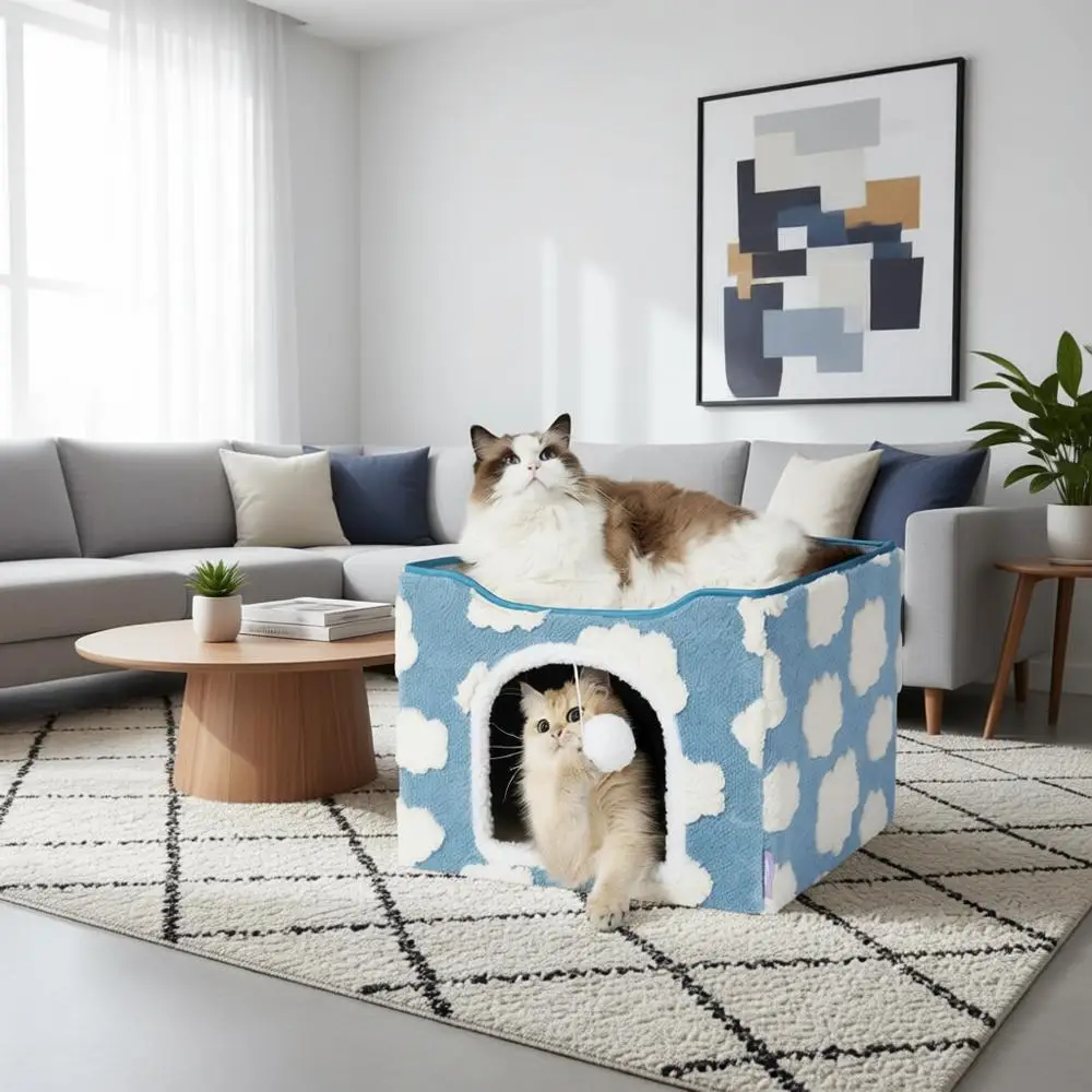 

Indoor Cat Beds Kitten House - Large Cat Cave or Pet Cube with Hanging Ball, Small Animal Hideaway, 17 Inches, Cozy Clouds Blue