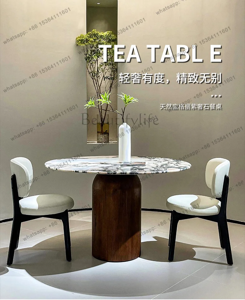 YJ  Natural purple marble dining table light luxury high-end villa large flat floor with turntable luxury stone round dining ta