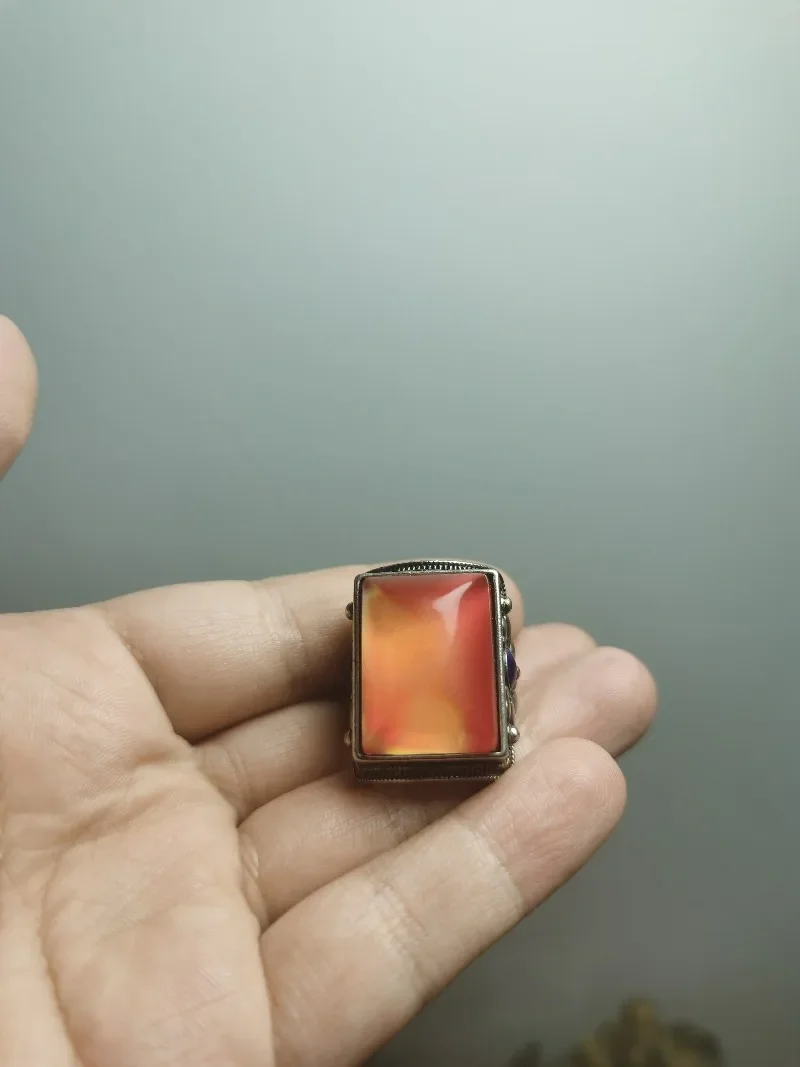 Vintage Tibetan Old Silver Ring, Square Color-Change Gem Inlay, Antique Patina, Adjustable Open Band Collectible Jewelry