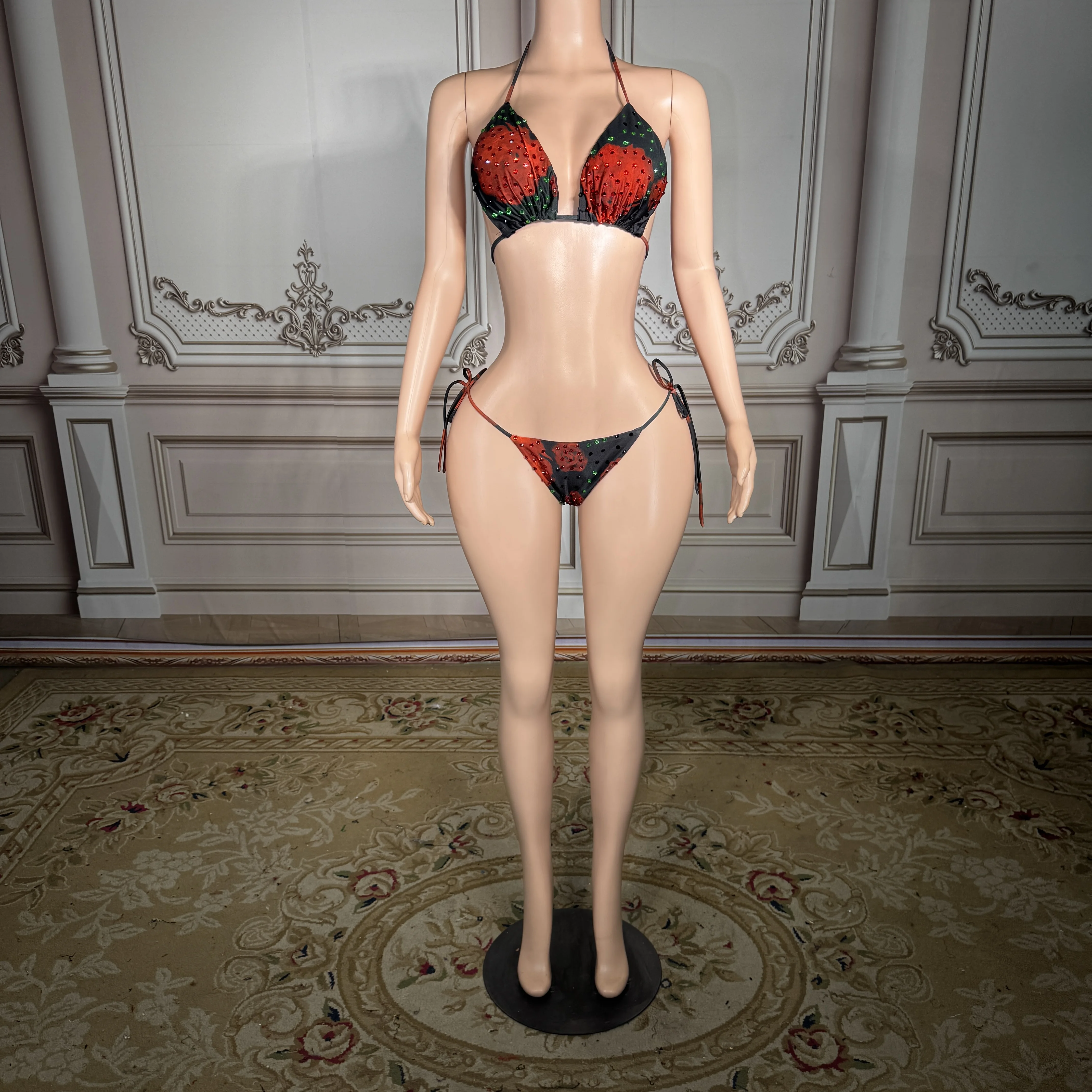 

ZD New Sexy Floral Bikini Women Luxury Halter Triangle Top Sparkly Red Green Crystals