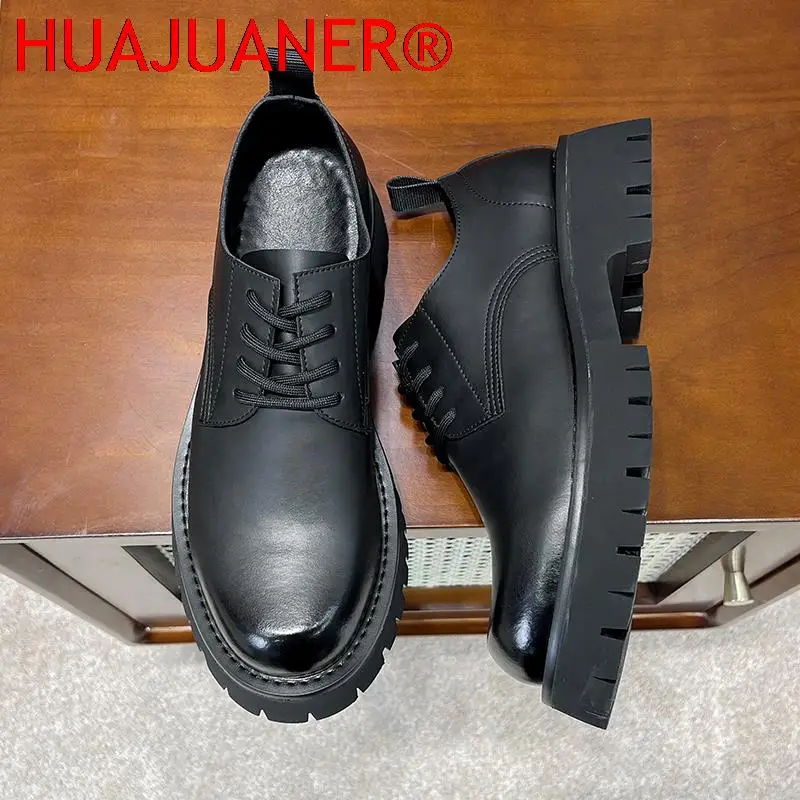 Zapatos Oxford de cuero genuino para hombre, calzado informal con plataforma y cordones, botas de vestir de baja altura