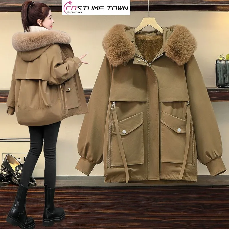 

Fashion Casual Women's Winter New Thickened Cotton Jacket Korean Version Loose and Slim Medium Length Plush Jacket