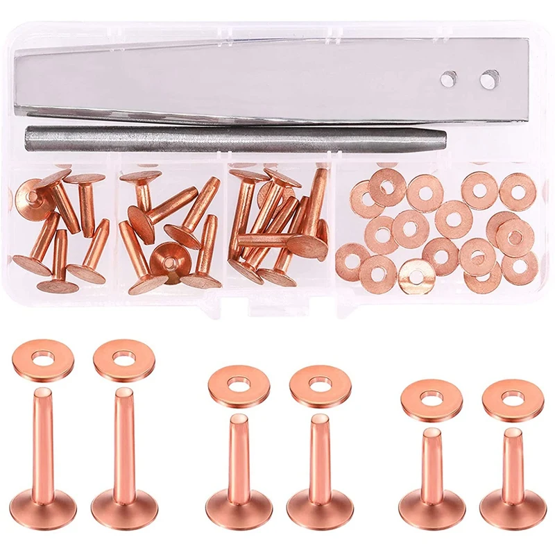 20 Pcs Red Copper Rivet Set With Stainless Steel Burr Setter And Hole Punch Cutter, Cooper Fastener And Setting Kit