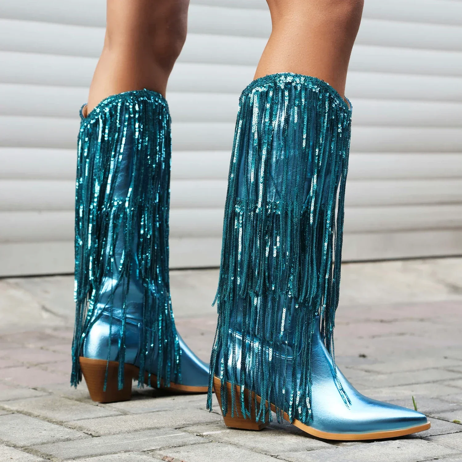 Glitter Gold Knee High Boots Women Block Heels Metallic Blue Rosy Bling Fringe Party Show Lady Western Cowgirl Sequin Long Boots