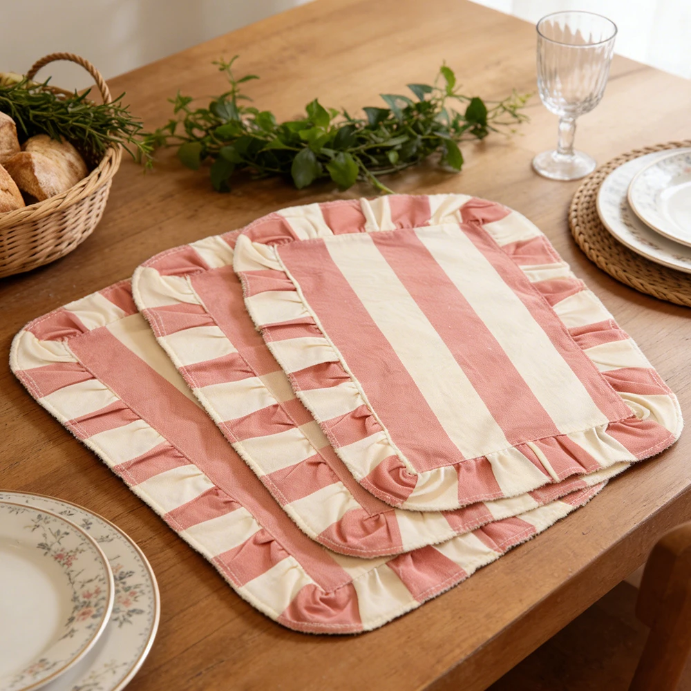 BUYNOW, 1 unidad, 2 unidades/juego, 4 unidades/juego, Mantel Individual con volantes a rayas para fideos de arroz, cocina, comedor, Mantel Individual de mesa de 12x16 pulgadas, posavasos, decoración para restaurante