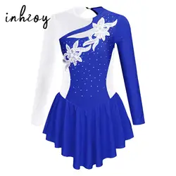 Kids Girls Rhinestone Floral Sequins Figure Ice Skating Dress Ballroom Dance Competition Gymnastics Ballet Leotard Dance Costume