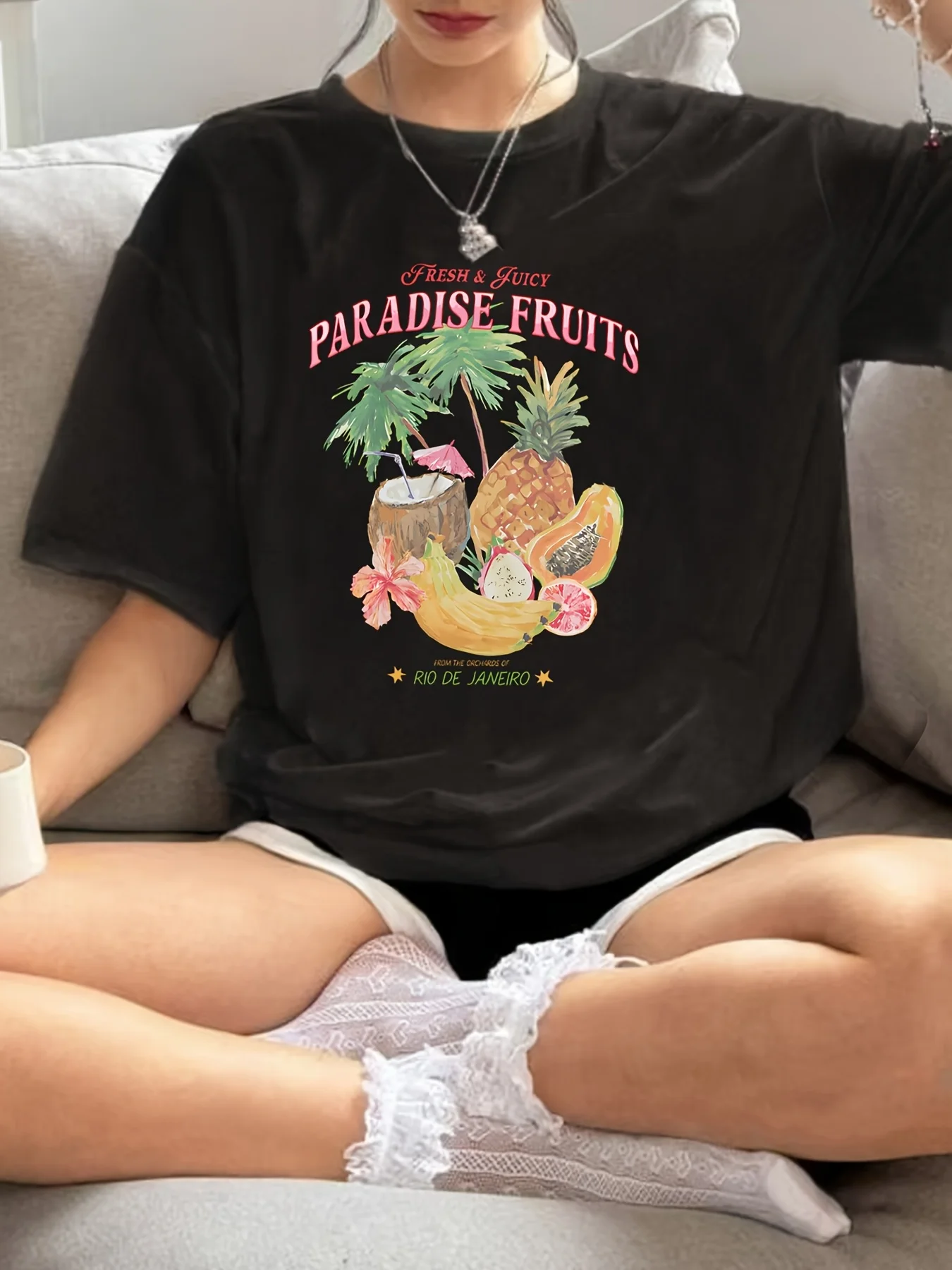 

PARADISE FRUITS женская модная футболка с буквенным и фруктовым ворсом и принтом, летняя женская футболка, топ