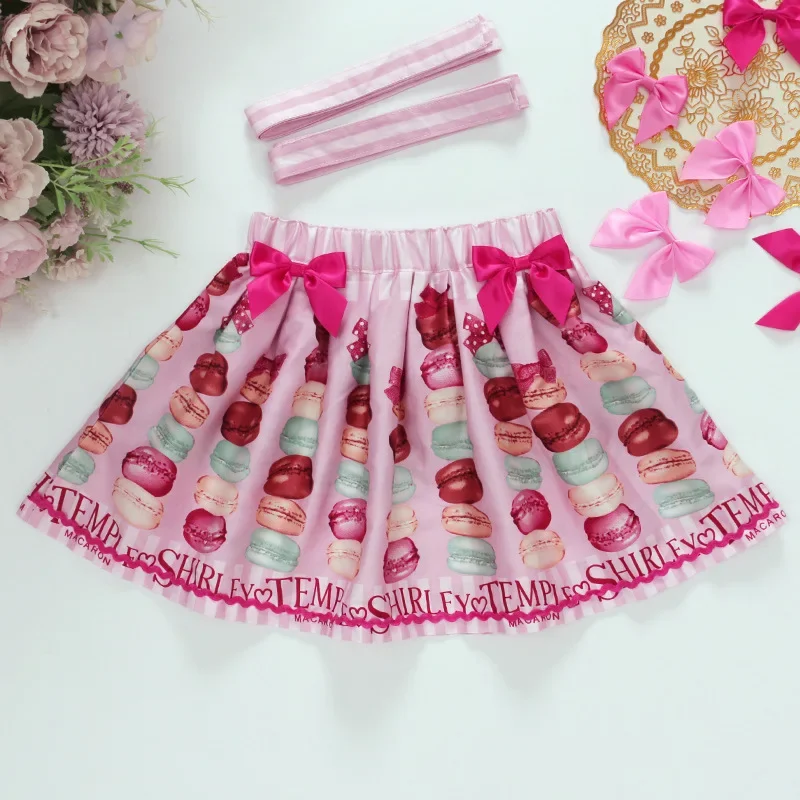 ST Kids Princess Summer New Girls Macaron Cake Full Printed Bow Strap Skirt