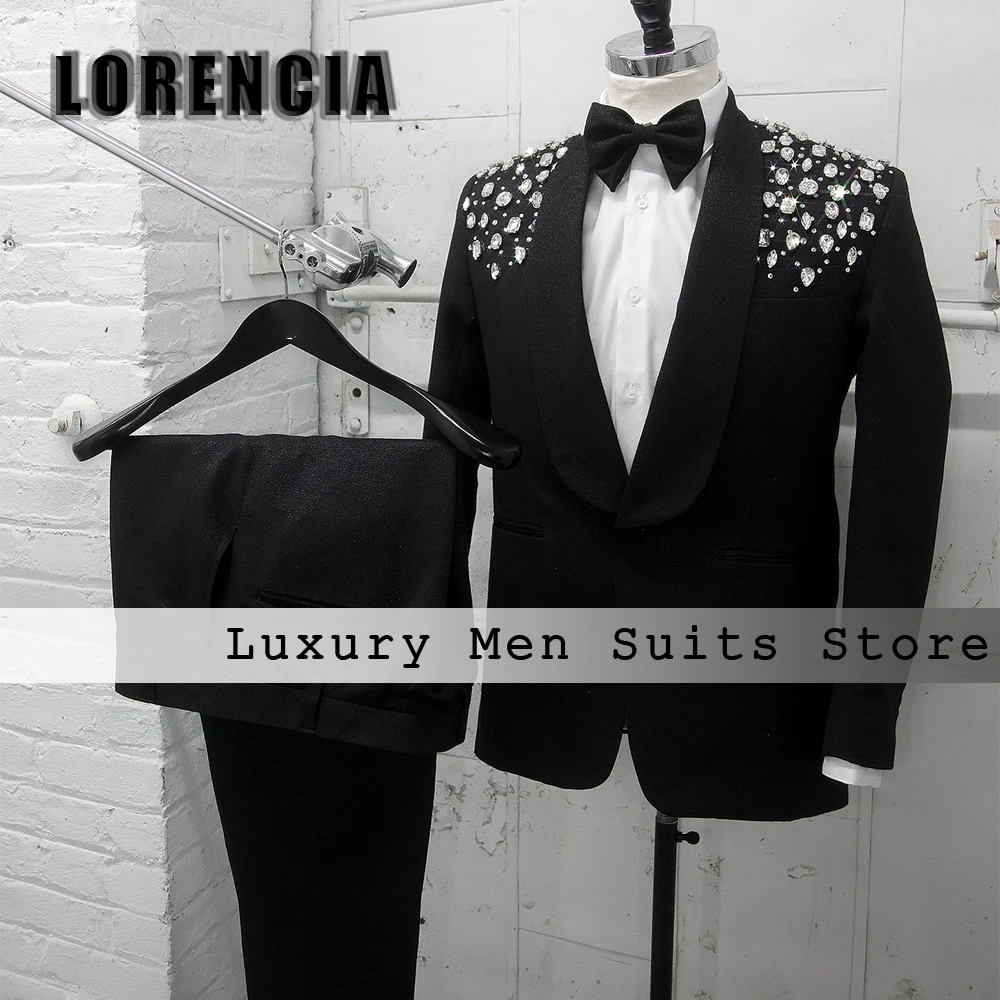 

Luxury Crystal Suits for Male 2 Pieces Sparkly Wedding Tuxedos Groom Outfits Customized Blazer Pants jaqueta masculina couro