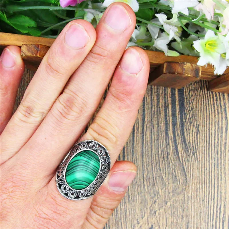 Oval Malachite Rings For Women Flower Desing Vintage Look Antique Silver Plated Fashion Jewelry TR666